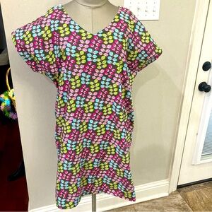 Floral print on brown with blue lining handmade nursing gown in OSF Back snaps